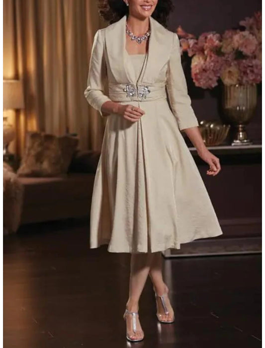 Two Piece A-Line Plus Size Curve Mother of the Bride Dress Wedding Guest Elegant Casual Winter With 3/4 Sleeve Jacket Shirt Collar Tea Length Taffeta Crystal Brooch