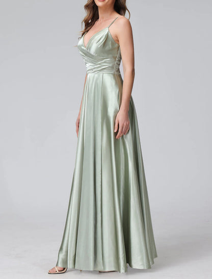 A-Line Bridesmaid Dress Spaghetti Strap Sleeveless Elegant Floor Length Satin with Split Front / Ruching