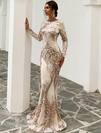 Mermaid / Trumpet Evening Gown Sexy Dress Formal Sweep / Brush Train Long Sleeve Jewel Neck Polyester Backless with Sequin