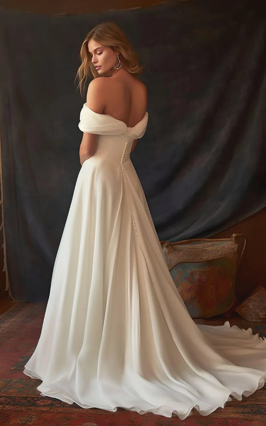 Wedding Dress A-Line Chiffon Sleeveless Off-the-Shoulder with Floor Length