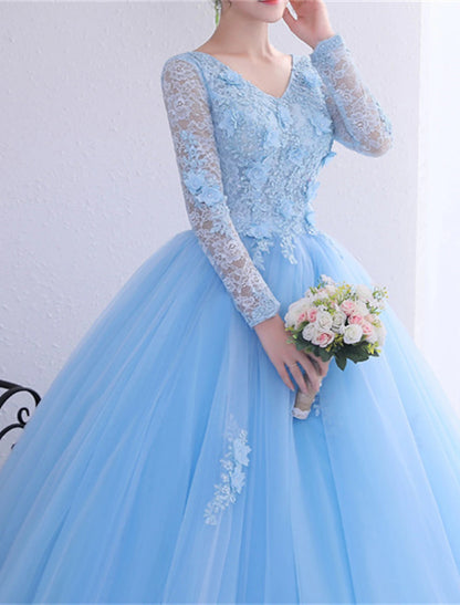 Ball Gown Quinceanera Dresses Princess Dress Performance Quinceanera Floor Length Long Sleeve V Neck Polyester with Crystals Appliques