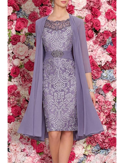 Two Piece Sheath / Column Mother of the Bride Dress Formal Wedding Guest Elegant Scoop Neck Knee Length Chiffon Lace Sleeveless Jacket Dresses with Beading Appliques