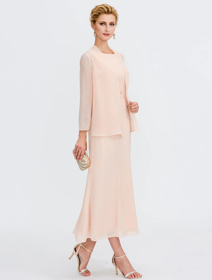 Two Piece Sheath / Column Mother of the Bride Dress Wedding Guest Plus Size Elegant with Jacket Long Sleeve Scoop Neck Tea Length Chiffon Sash / Ribbon Pleats Beading