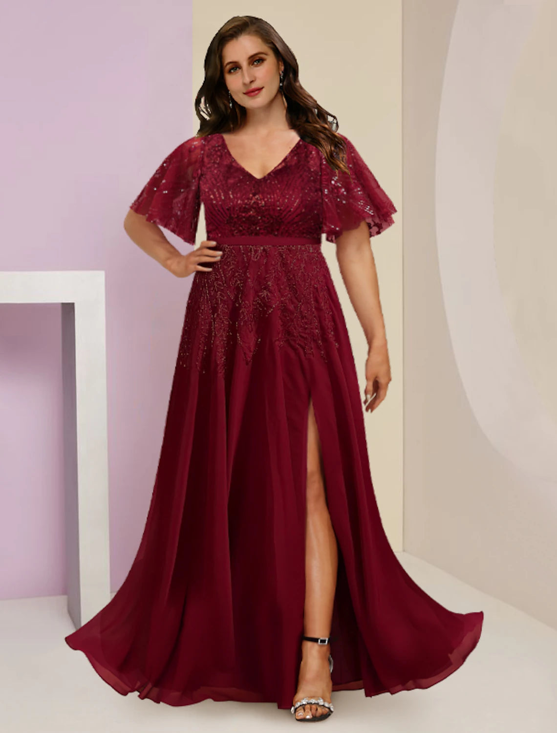 Mother of the Bride Dresses Plus Size Curve Hide Belly Wedding Guest Elegant Sparkle & Shine V Neck Floor Length Chiffon Lace Sequined Short Sleeve with Pleats Split Front