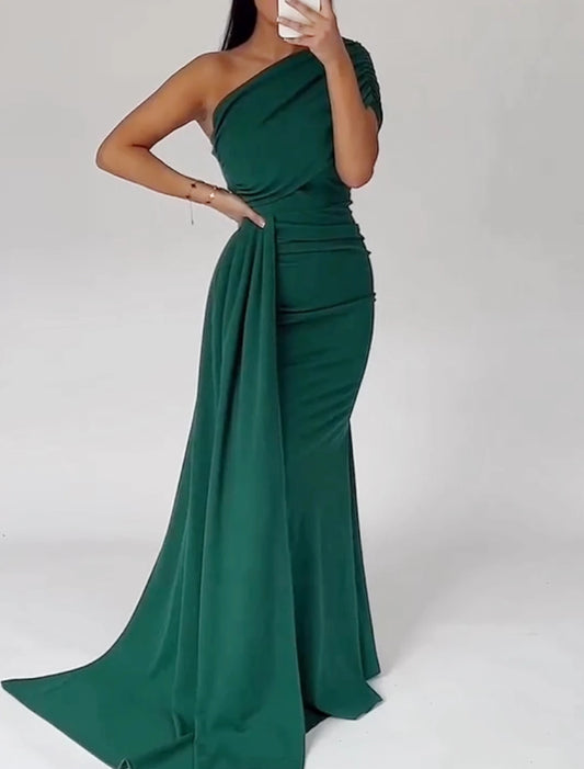 Mermaid / Trumpet Evening Gown Elegant Dress Formal Christmas Red Green Dress Sweep / Brush Train Short Sleeve One Shoulder Satin with Pleats Ruched