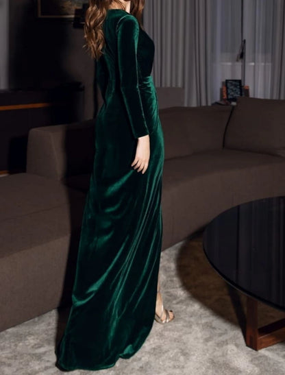 Sheath / Column Evening Gown Vintage Dress Christmas Formal Evening Floor Length Long Sleeve V Neck Fall Wedding Guest Velvet with Draping Slit