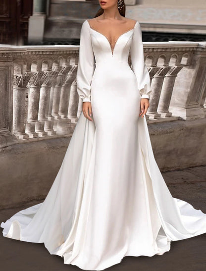 Reception Formal Wedding Dresses Two Piece Illusion Neck Scoop Neck Long Sleeve Sweep / Brush Train Satin Bridal Gowns With Solid Color