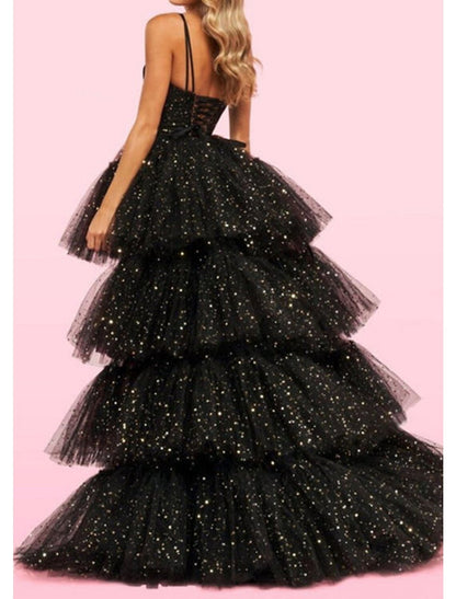 A-Line Prom Dresses Black Dress Dress Birthday Asymmetrical Sleeveless Spaghetti Strap Tulle with Ruched Sequin