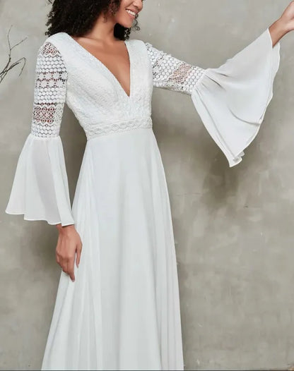 Fall November December New Pattern Wedding Dress V Neck Long Sleeves Chiffon Simple Dress