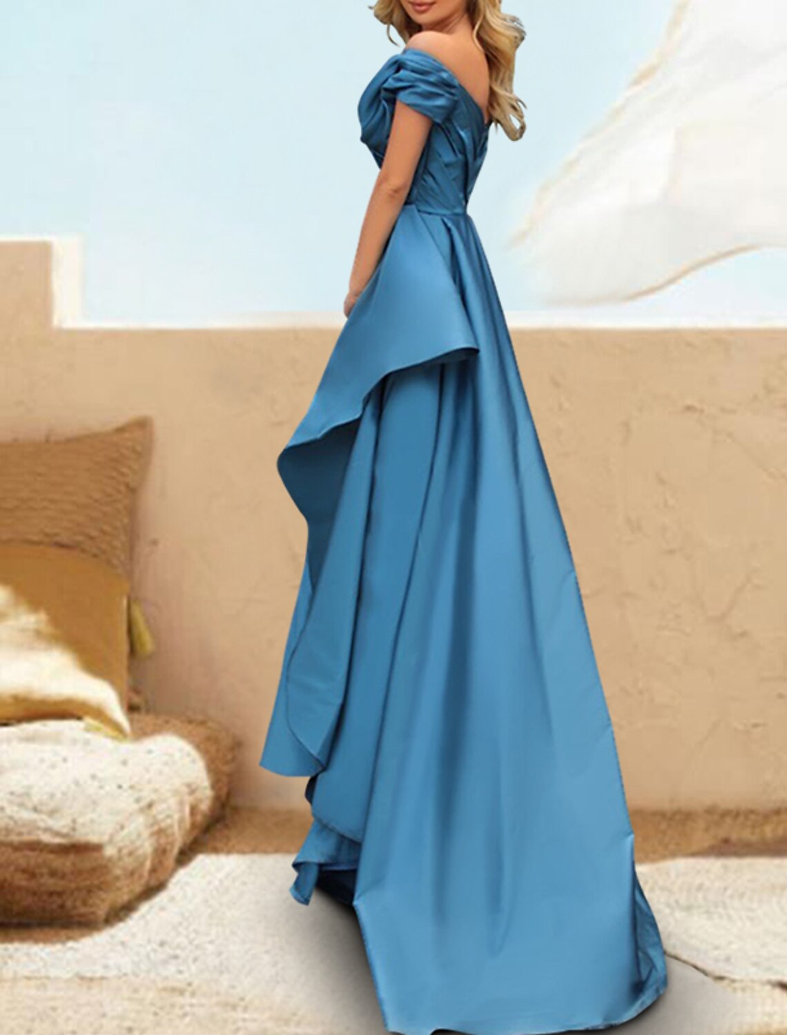 A-Line Evening Gown Celebrity Style Dress Formal Wedding Party Court Train Short Sleeve Off Shoulder Satin with Slit Pure Color