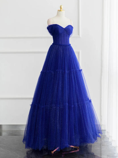 A-line Evening Dress Off Shoulder Tulle Shiny Long Formal Dress