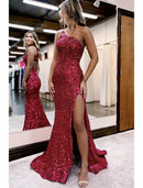 Mermaid / Trumpet Prom Dresses Sparkle & Shine Dress Formal Wedding Party Court Train Sleeveless One Shoulder Sequined with Sequin Slit