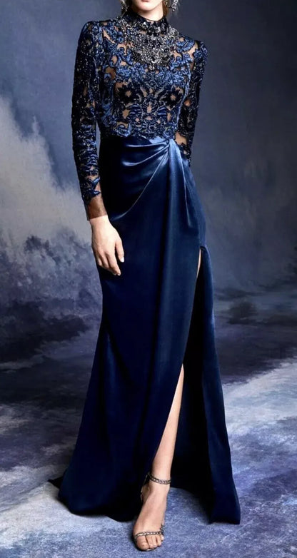 Autumn Winter Velvet Dress Formal Beaded Long sleeves Backless Long Length Split Fork Gorgeous Evening Dress