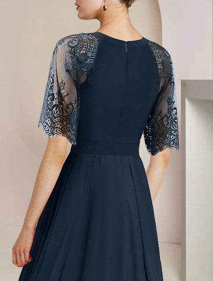 A-Line Mother of the Bride Dress Formal Wedding Guest Party Elegant High Low Scoop Neck Tea Length Chiffon Lace 3/4 Length Sleeve with Pleats Crystal Brooch