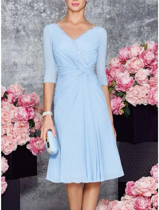 Wedding Guest Elegant Party Petite V Neck Knee Length Chiffon Lace Half Sleeve with Solid Color Mother of the Bride Dress 