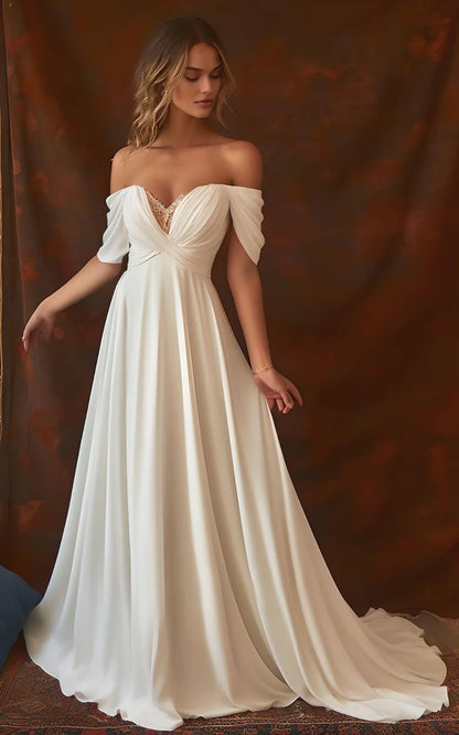 Wedding Dress A-Line Chiffon Sleeveless Off-the-Shoulder with Floor Length