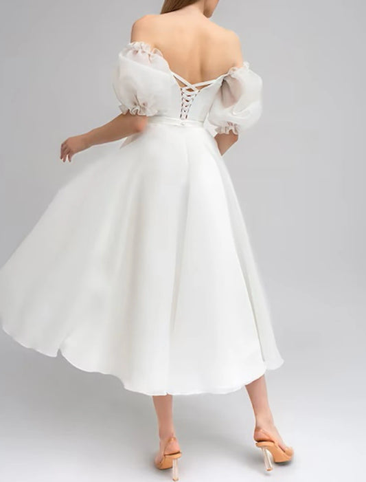 Bridal Shower Little White Dresses Wedding Dresses A-Line Off Shoulder Half Sleeve Tea Length Satin Bridal Gowns With Solid Color