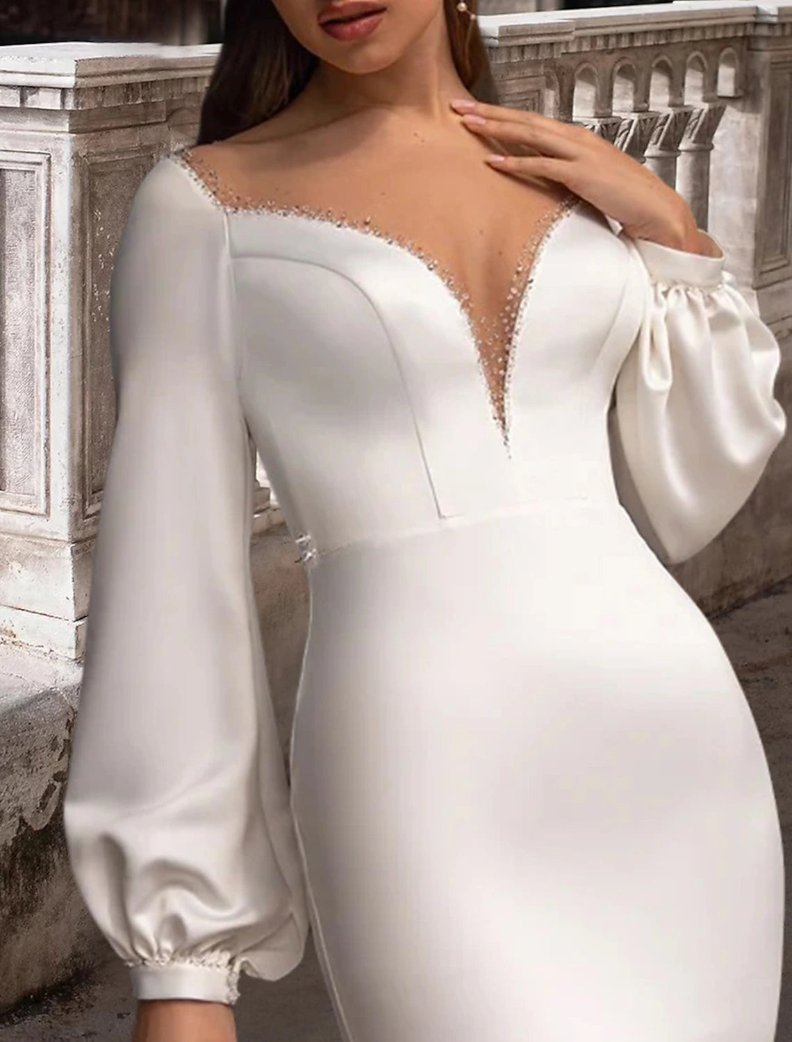 Reception Formal Wedding Dresses Two Piece Illusion Neck Scoop Neck Long Sleeve Sweep / Brush Train Satin Bridal Gowns With Solid Color