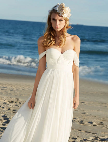 Beach Sexy Boho Wedding Dresses A-Line Off Shoulder Cap Sleeve Floor Length Chiffon Bridal Gowns With Pleats Solid Color