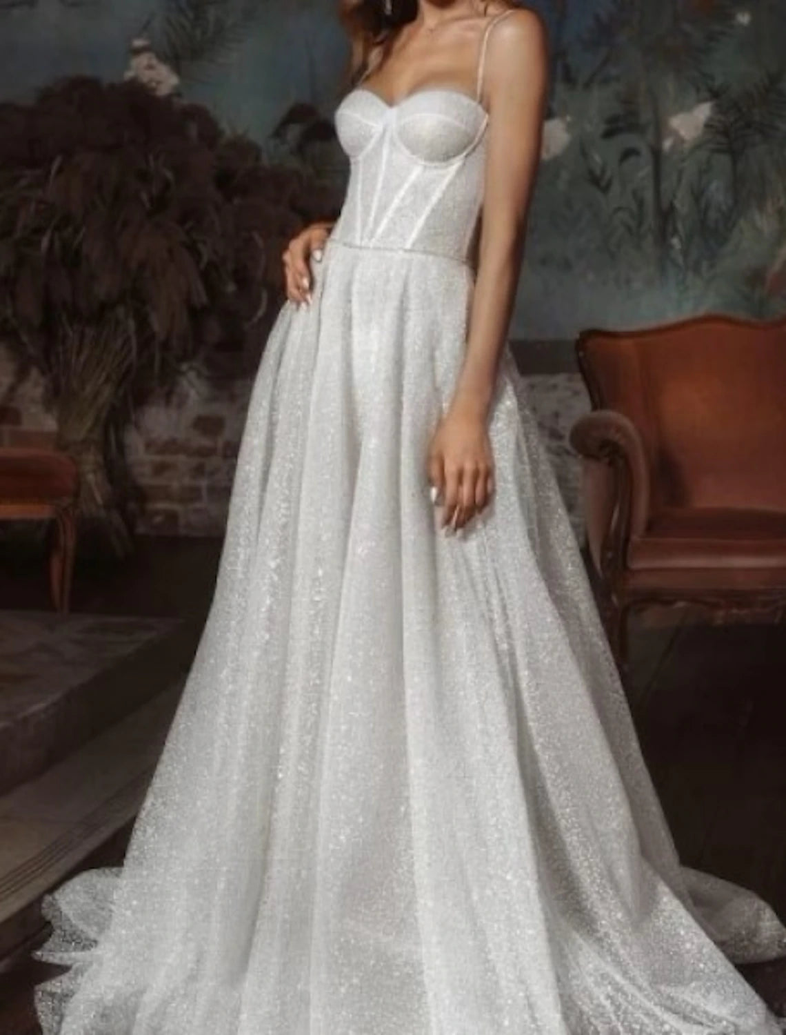 Sparkle & Shine Casual Bustier Wedding Dresses A-Line Sweetheart Camisole Spaghetti Strap Sweep / Brush Train Sequined Bridal Gowns With Beading Summer Fall Wedding Party