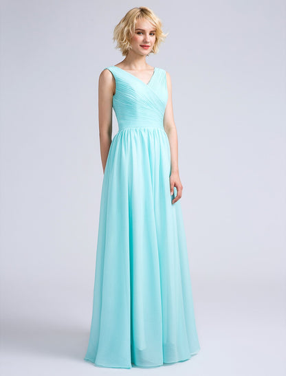 A-Line Bridesmaid Dress V Neck Sleeveless Open Back Floor Length Chiffon with Criss Cross