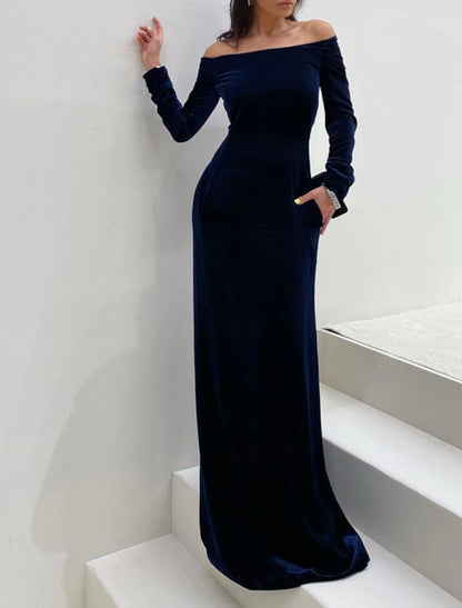 Sheath / Column Evening Gown Minimalist Dress Formal Evening Floor Length Long Sleeve Off Shoulder Fall Wedding Guest Velvet with Sleek