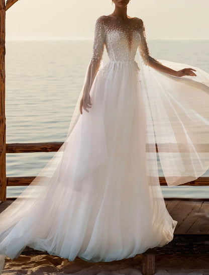 Beach Boho Wedding Dresses A-Line Illusion Neck Long Sleeve Court Train Tulle Bridal Gowns With Beading Appliques