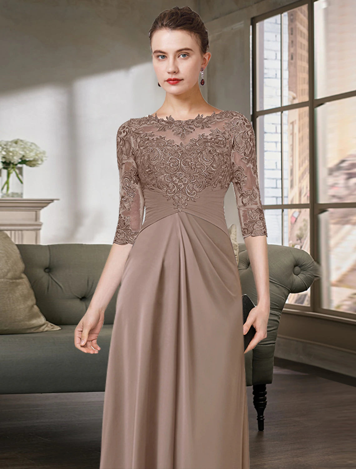 Sheath / Column Mother of the Bride Dress Simple Elegant Jewel Neck Floor Length Chiffon Lace Half Sleeve with Pleats Solid Color