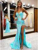 Mermaid / Trumpet Prom Dresses High Split Dress Formal Wedding Party Court Train Sleeveless V Neck Sequined with Slit Appliques