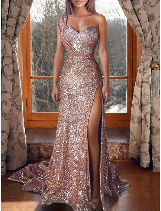 Mermaid / Trumpet Evening Dresses Sexy Sparkle & Shine Dress Prom Formal Evening Court Train One Shoulder Sleeveless Sequined with Sequin Slit