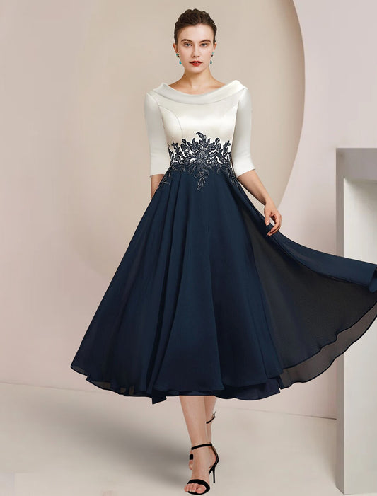 A-Line Mother of the Bride Dress Formal Wedding Guest Elegant Vintage Bateau Neck Tea Length Chiffon Lace 3/4 Length Sleeve with Pleats Appliques Color Block