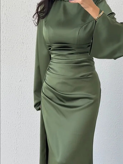 December Wedding Guest Dress Pleated High Collar Long Sleeved Fashion Autumn Winter Party Dress