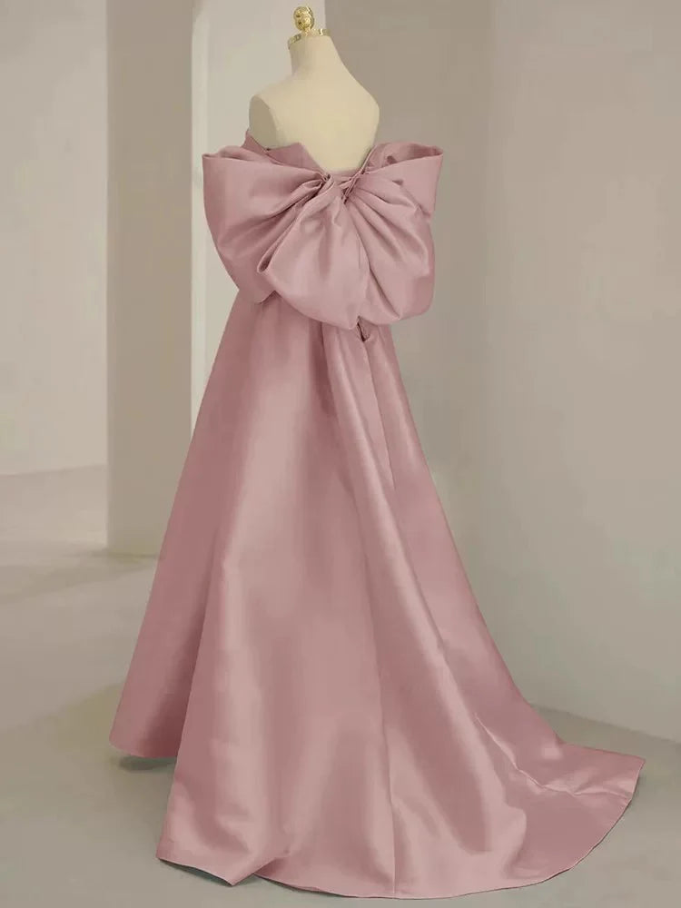 A-Line Satin Big bow Long Satin Evening Dresses