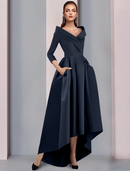 A-Line Mother of the Bride Dress Elegant High Low Sweet Spaghetti Strap Asymmetrical Tea Length Satin 3/4 Length Sleeve with Pleats