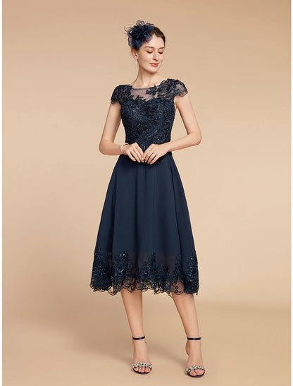 Formal Wedding Guest Elegant Vintage Scoop Neck Tea Length Lace 3/4 Length Sleeve with Sequin Appliques Mother of the Bride Dress