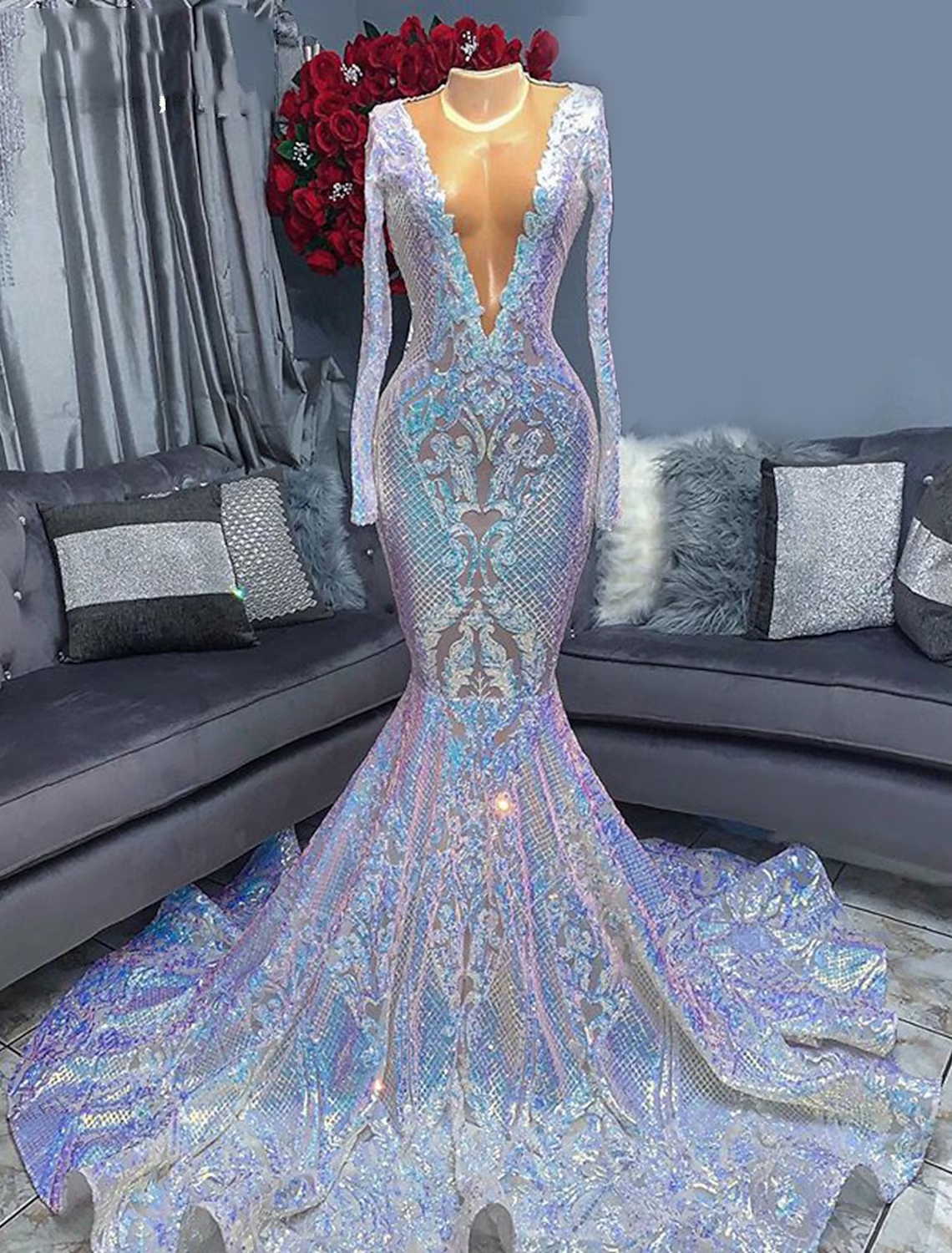 Mermaid / Trumpet Evening Gown Floral Dress Formal Chapel Train Long Sleeve V Neck African American Sequined with Sequin