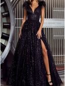 Gown Elegant Formal Train Short Sleeve V Neck Sequined with Feather Sequin Evening Dress