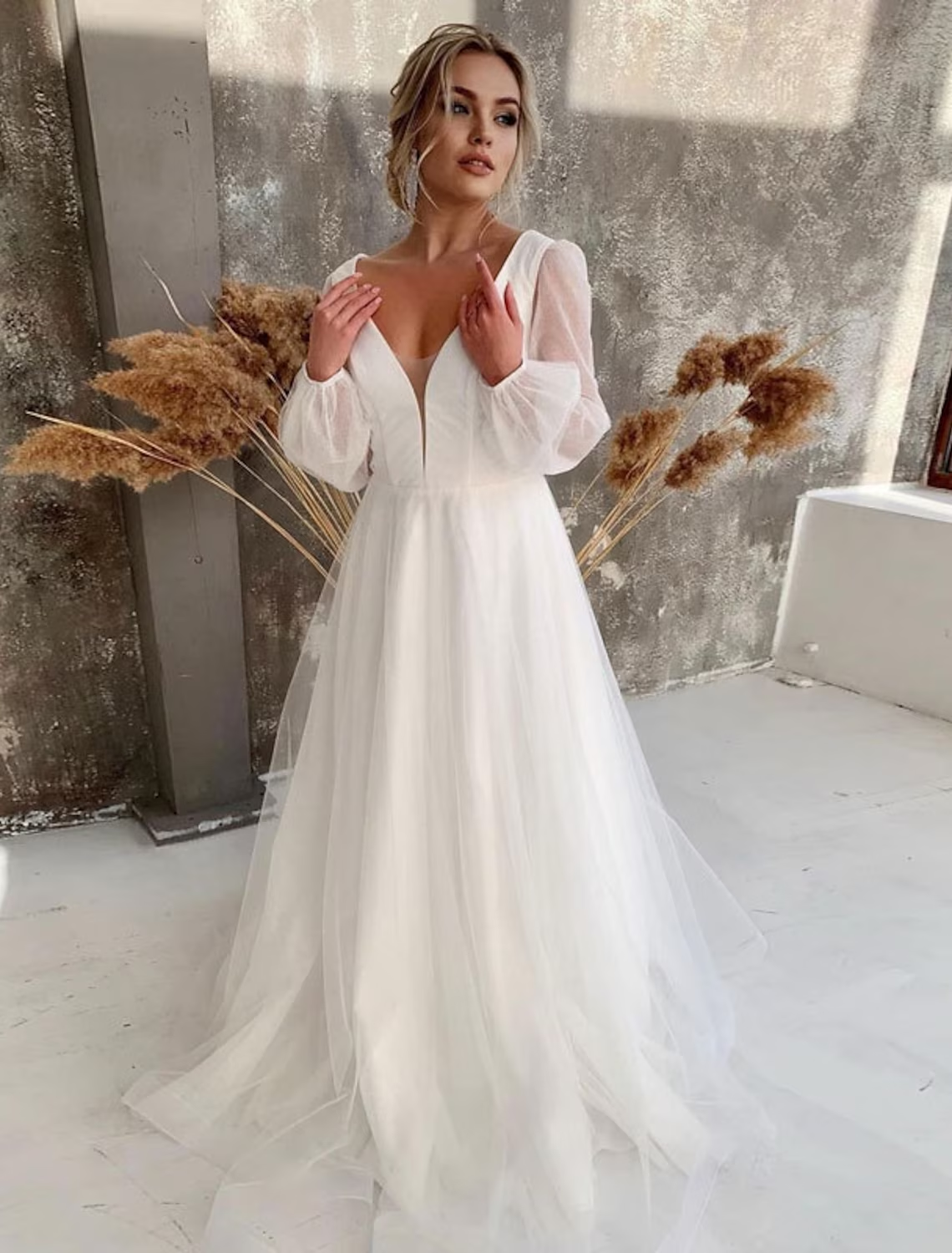 Hall Casual Wedding Dresses Court Train A-Line Long Sleeve V Neck Tulle With Solid Color