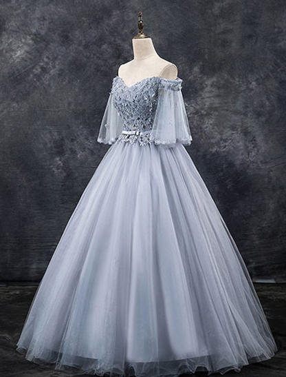 Ball Gown Elegant Floral Quinceanera Formal Evening Dress Off Shoulder Half Sleeve Floor Length Tulle with Appliques