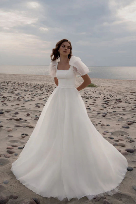 Wedding Dresses Charming A-Line Square Neck Short Sleeves with Train