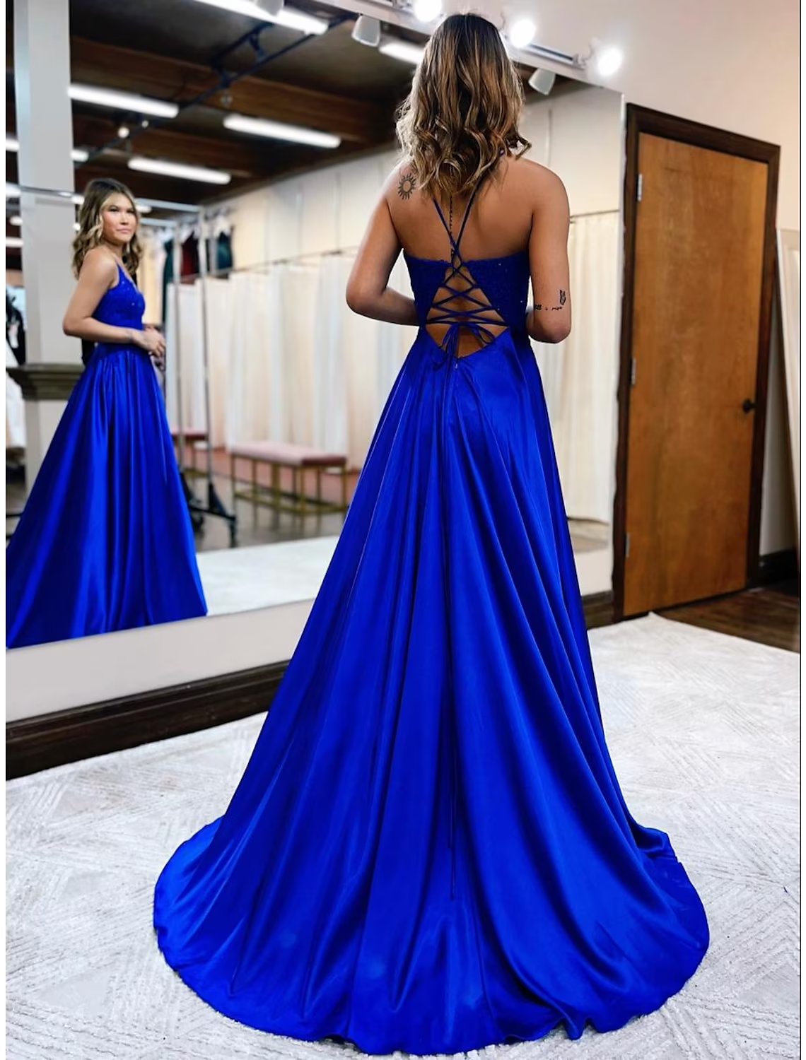 A-Line Prom Dresses Empire Dress Formal Court Train Sleeveless V Neck Satin Backless with Beading Appliques