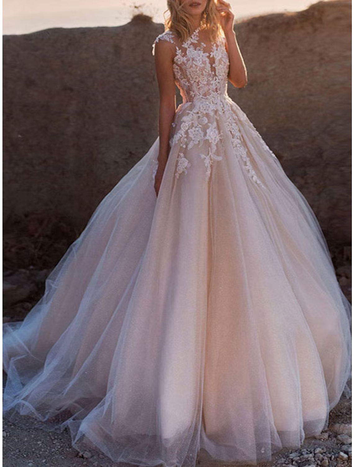 Formal Wedding Dresses Chapel Train Ball Gown Sleeveless Illusion Neck Lace Bridal Suits With Buttons Appliques