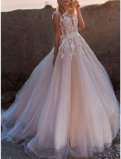 Formal Wedding Dresses Chapel Train Ball Gown Sleeveless Illusion Neck Lace Bridal Suits With Buttons Appliques