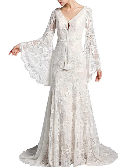 Beach Boho Wedding Dresses Court Train Mermaid / Trumpet Long Sleeve V Wire Lace Bridal Suits With Tassel