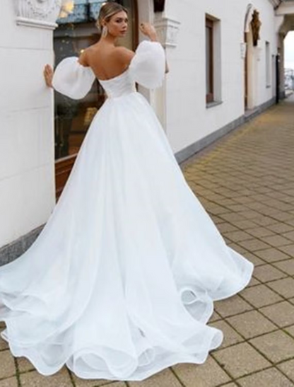 Beach Casual Wedding Dresses Court Train A-Line Short Sleeve Off Shoulder Satin With Solid Color