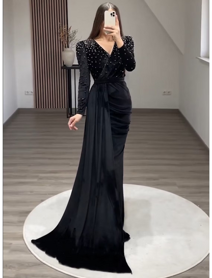 Mermaid / Trumpet Evening Gown Maxi Dress Formal Floor Length Long Sleeve V Neck Velvet with Ruched Pearls