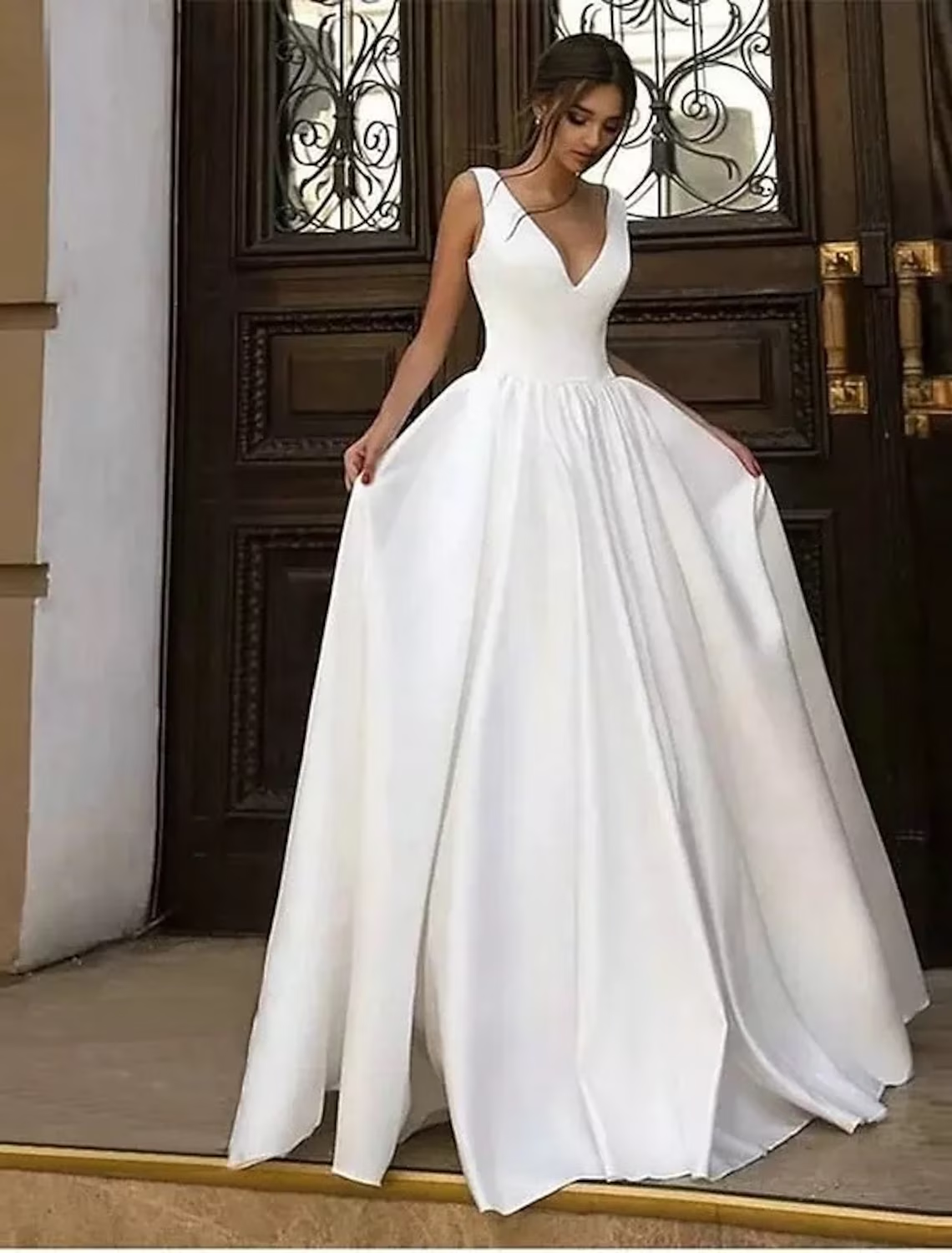 Hall Casual Formal Wedding Dresses Floor Length A-Line Sleeveless V Neck Satin With Pleats Solid Color