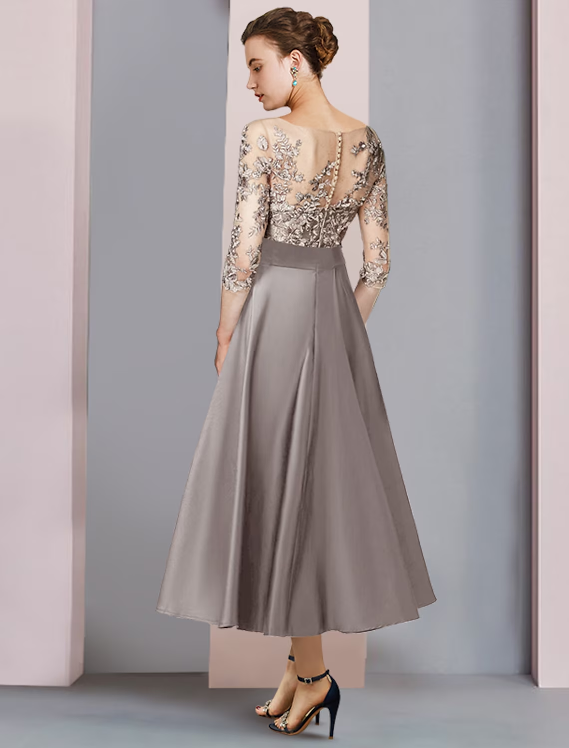 Two Piece A-Line Mother of the Bride Dress Formal Church Party Elegant Scoop Neck Tea Length Satin Lace Half Sleeve with Appliques Ruching