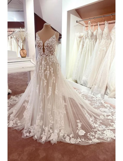 Engagement Open Back Formal Wedding Dresses Chapel Train A-Line Sleeveless Spaghetti Strap Lace With Appliques