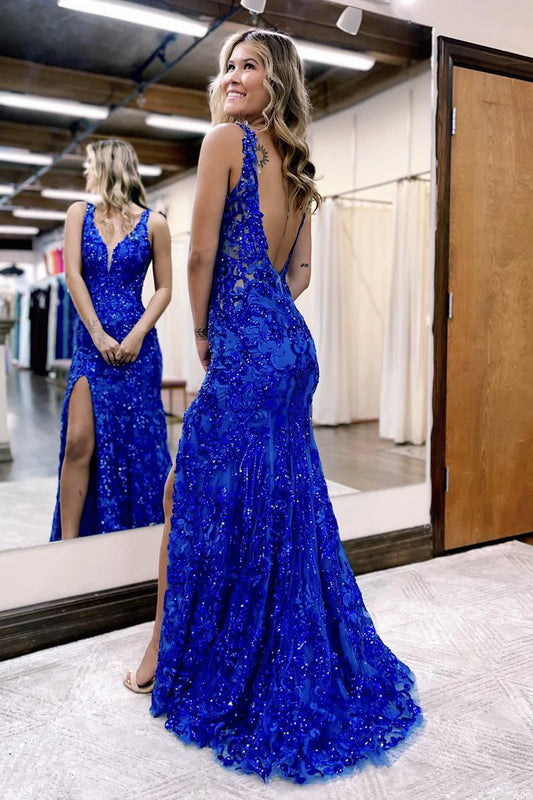 Prom Dress Mermaid V Neck Sequined Lace with Slit